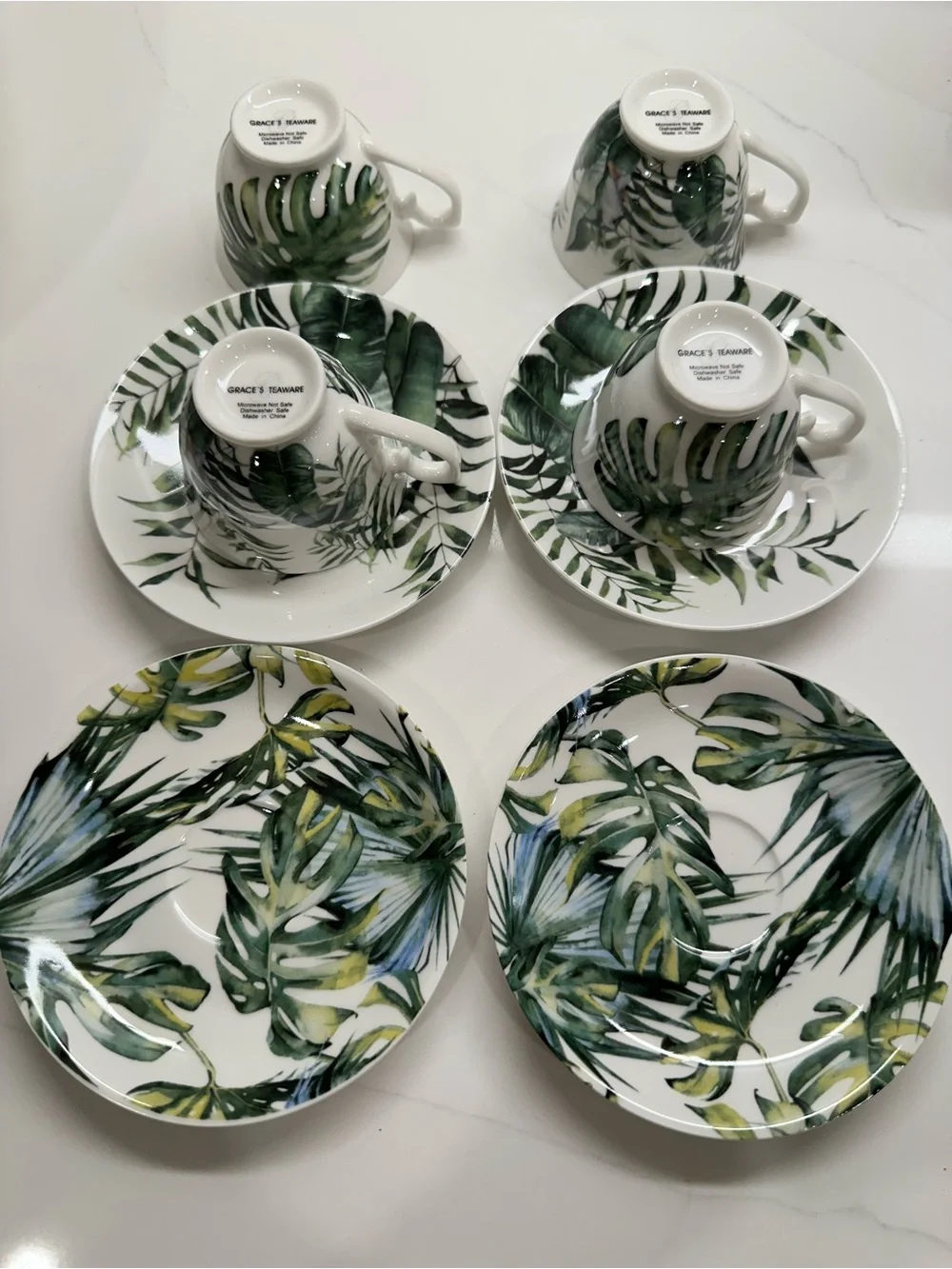 Tropical Leaf Porcelain Espresso Cup and Saucer Set of 4- Green